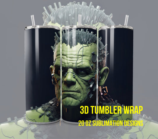 3D Halloween Frankenstein Tumbler Wrap Sublimation, Frankenstein Halloween Digital Print Design, Halloween Skinny 20 oz Tumbler Wrap