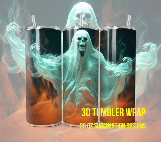 3D Halloween Ghost Tumbler Wrap Sublimation, Ghost Halloween Digital Print Design, Halloween Skinny 20 oz Tumbler Wrap for Print on Demand