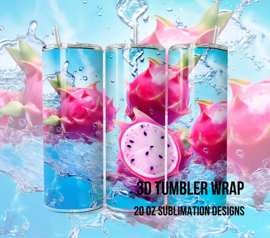 3D Fruit Tumbler Wrap Sublimation, Dragon fruit Beach Summer Digital Print Design, Skinny 20 oz Tumbler Wrap, PNG 300dpi Commercial Use