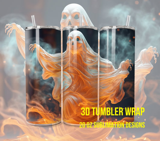 3D Halloween Ghost Tumbler Wrap Sublimation, Ghost Halloween Digital Print Design, Halloween Skinny 20 oz Tumbler Wrap for Print on Demand