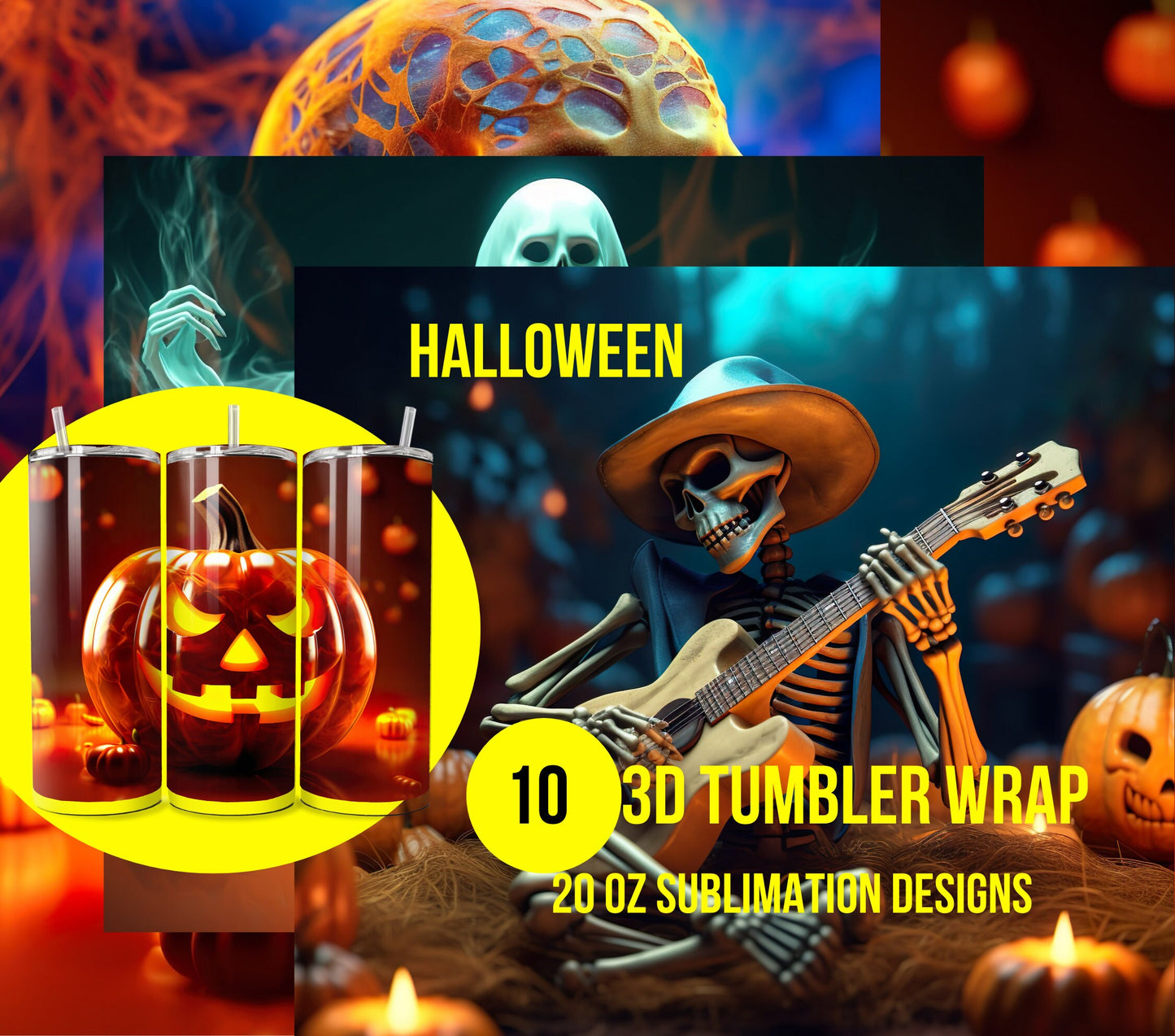 10 3D Halloween Tumbler Wrap Bundle Sublimation, Bundle Halloween Digital Print Design, Halloween Skinny 20 oz Tumbler Wrap