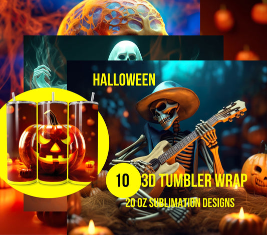 10 3D Halloween Tumbler Wrap Bundle Sublimation, Bundle Halloween Digital Print Design, Halloween Skinny 20 oz Tumbler Wrap