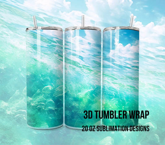 3D Summer Sea Water Tumbler Wrap Sublimation, Blue Digital print design, Skinny 20 oz Tumbler, 300dpi PNG Commercial Use