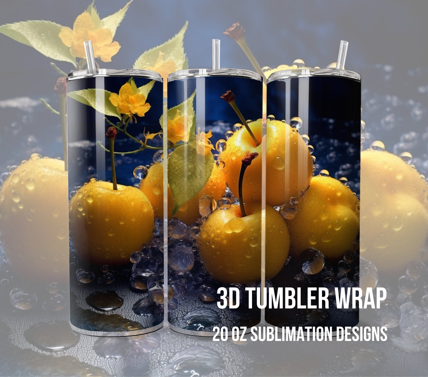 3D Fruit Tumbler Wrap Sublimation, Yellow Cherry Beach Summer Digital Print Design, Skinny 20 oz Tumbler Wrap, PNG 300dpi Commercial Use