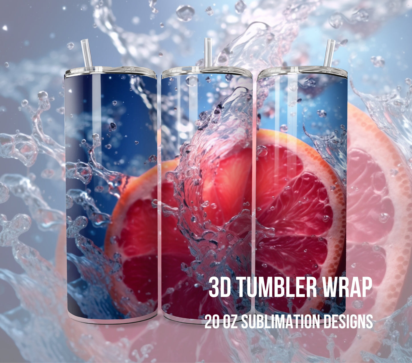 3D Fruit Tumbler Wrap Sublimation, Grapefruit Beach Summer Digital Print Design, Skinny 20 oz Tumbler Wrap, PNG 300dpi Commercial Use