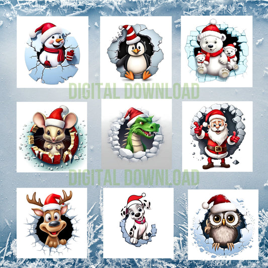 Bundle 3D Winter Animal Hole Sublimation Instant Digital Download, Christmas Round Ornament Bundle