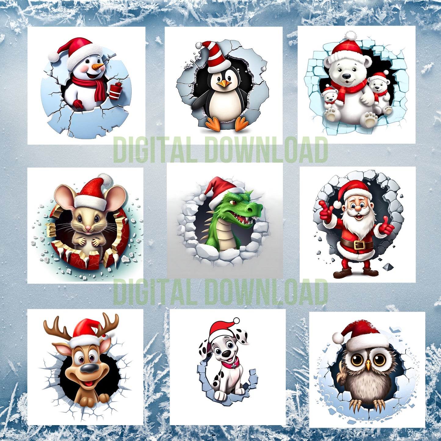 Bundle 3D Christmas Break Through Ornament Sublimation PNG, Instant Digital Download, Christmas Round Ornament PNG Bundle