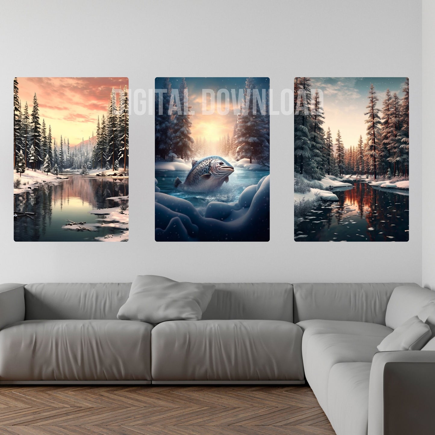 Printable Wall Art landscape, Set Winter forest print illustrations, Instant Digital Download, Woodland PNG Bundle