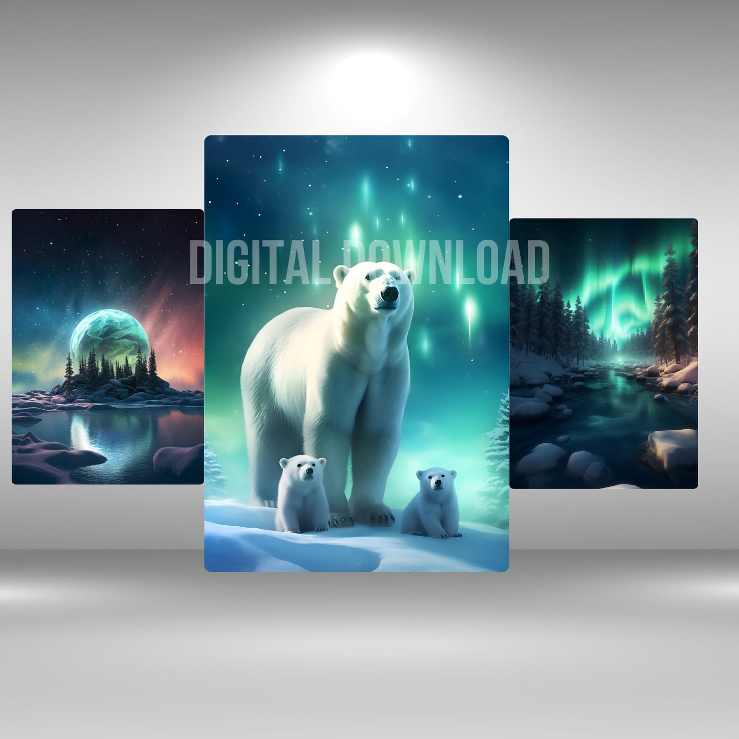 Printable Wall Art landscape, Set White Polar Bear print illustrations, Instant Digital Download, Northern Lights PNG Bundle