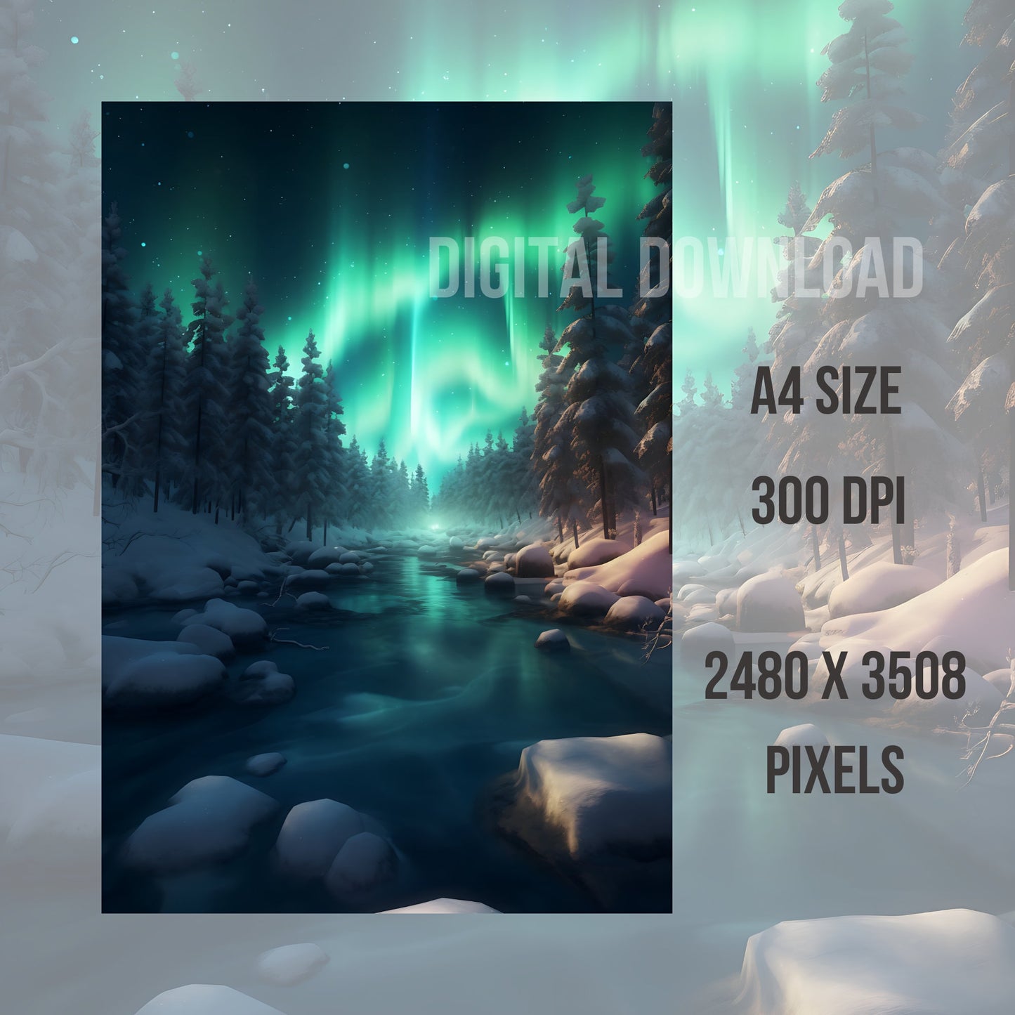 Printable Wall Art landscape, Set White Polar Bear print illustrations, Instant Digital Download, Northern Lights PNG Bundle