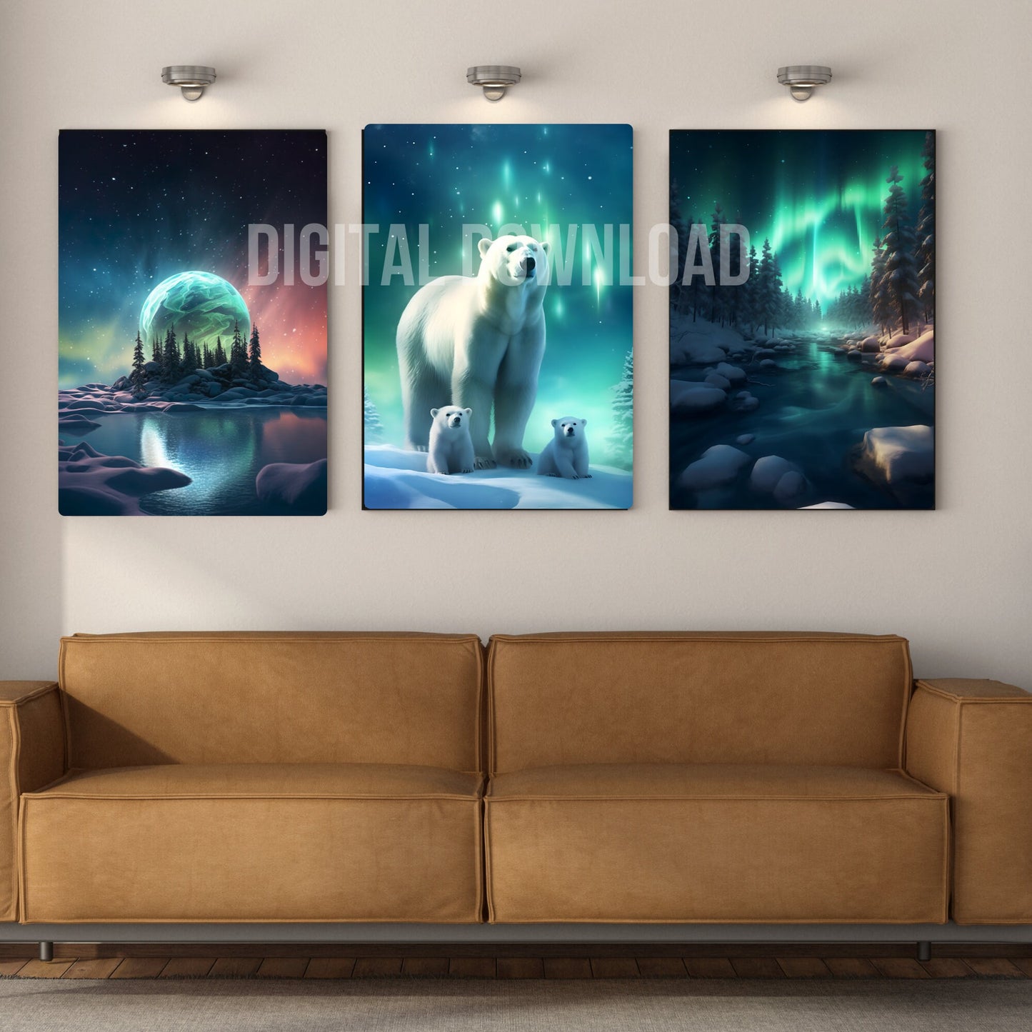 Printable Wall Art landscape, Set White Polar Bear print illustrations, Instant Digital Download, Northern Lights PNG Bundle