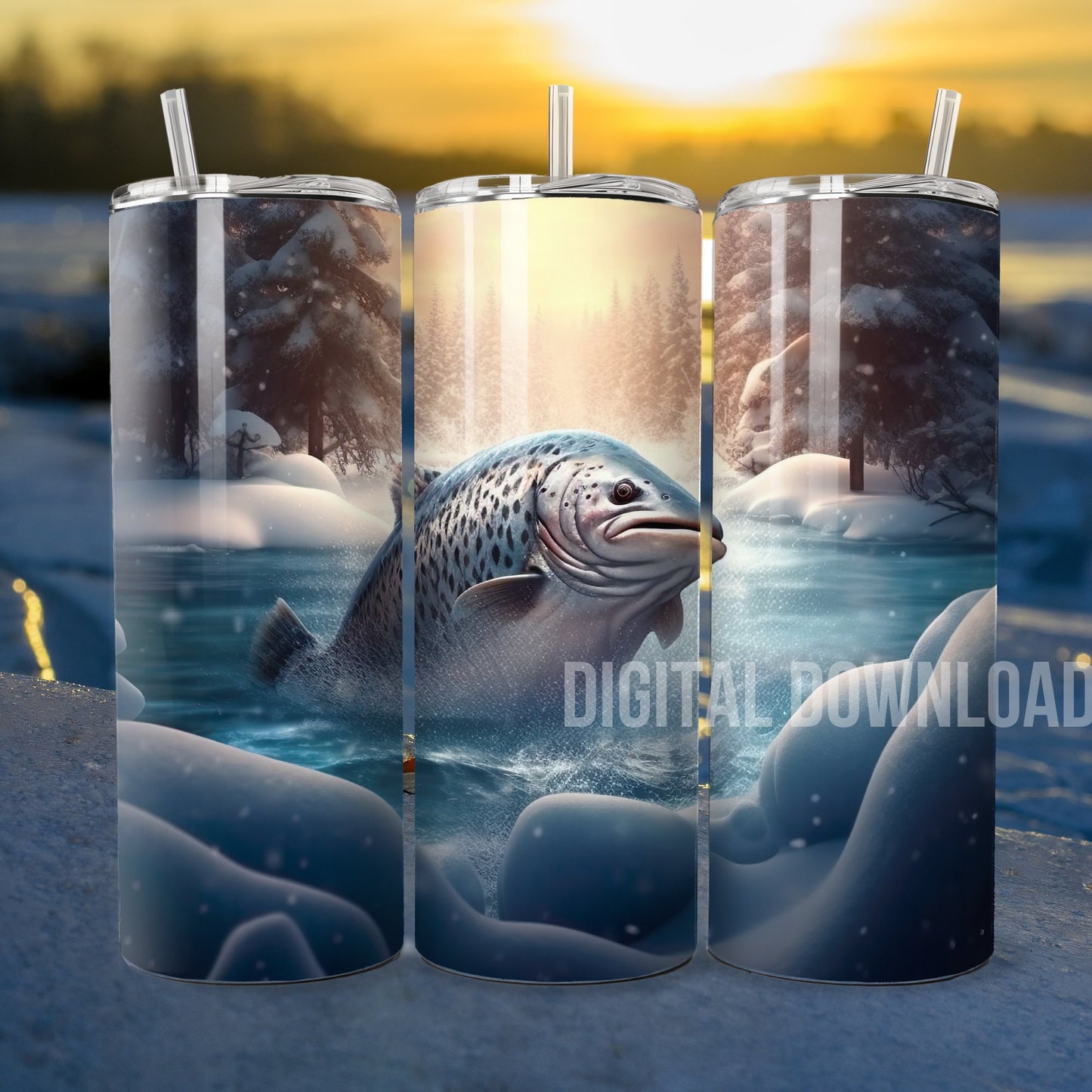 3D Tumbler Wrap 20oz, Winter Fishing Tumbler Wrap Design,Template PNG Instant Digital Download, Tumbler Wrap for men PNG