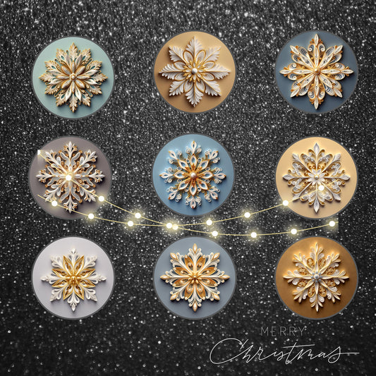 9 3D Snowflakes Ornament Sublimation PNG, Instant Digital Download, Christmas Round Ornament PNG