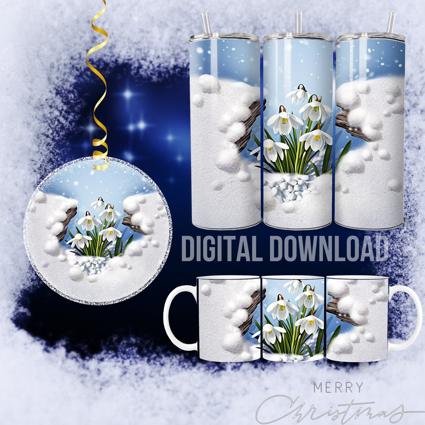 Snowdrops Tumbler Wrap, Snowdrops Mug Wrap, Printing Snowdrops Christmas cards PNG, Christmas Ornament Sublimation PNG