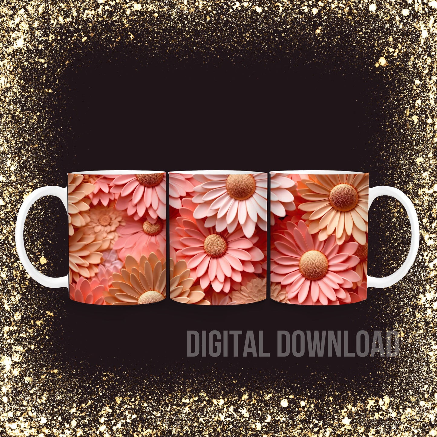 3D Rose Gold Daisies Flower Tumbler Mug Bottle Wrap Sublimation Design, 3D Floral  Pattern Instant Digital Download PNG