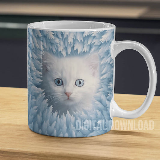 Kitten Mug Wrap, Snow Mug Wrap Sublimation Design PNG, 11oz 15oz 20oz Coffee Cup Template, Cute Cat Mug Press Design