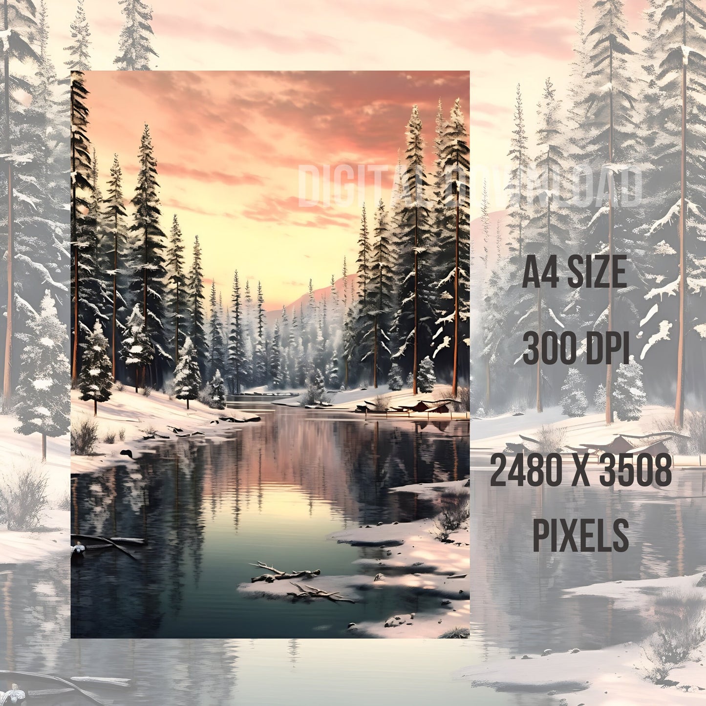 Printable Wall Art landscape, Set Winter forest print illustrations, Instant Digital Download, Woodland PNG Bundle