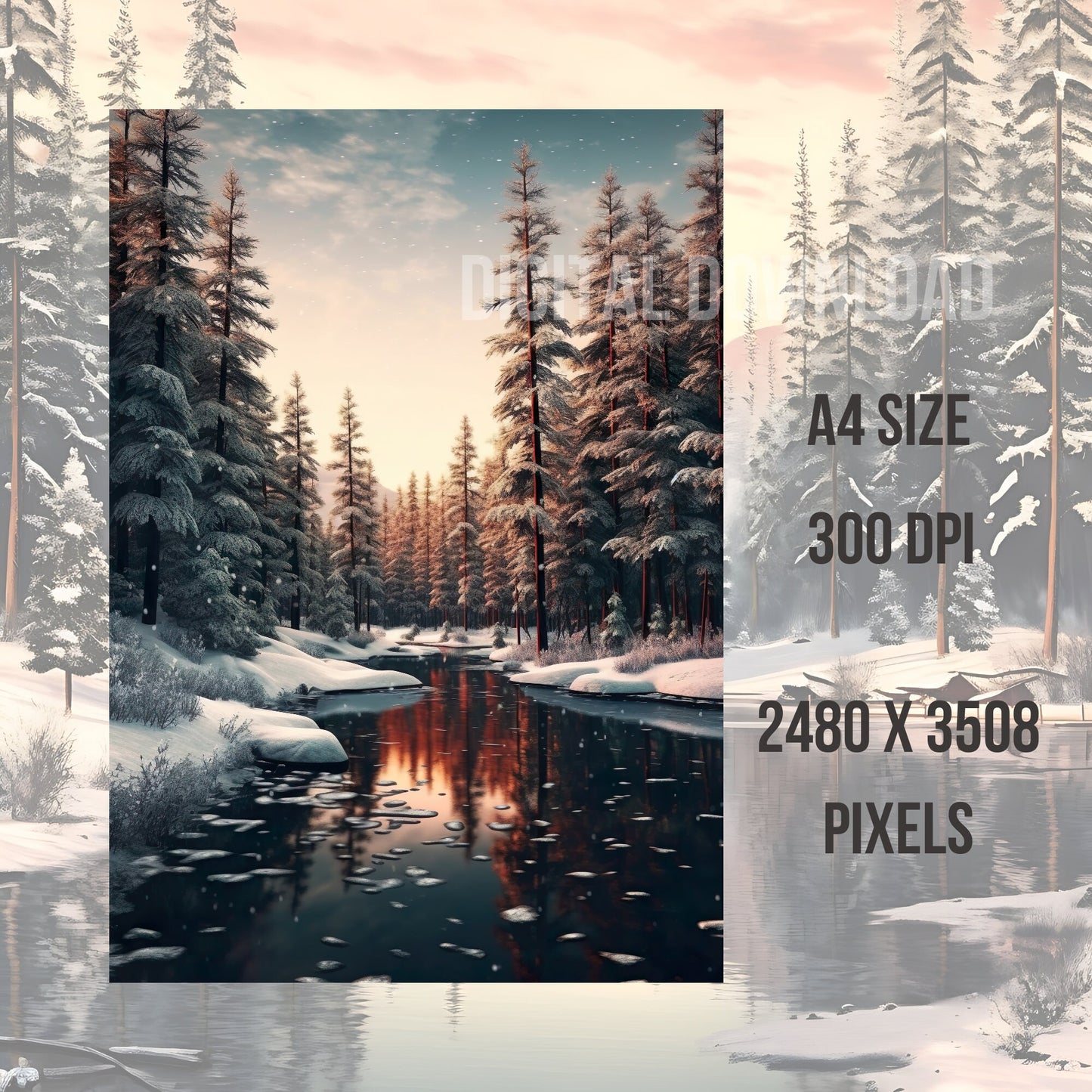 Printable Wall Art landscape, Set Winter forest print illustrations, Instant Digital Download, Woodland PNG Bundle