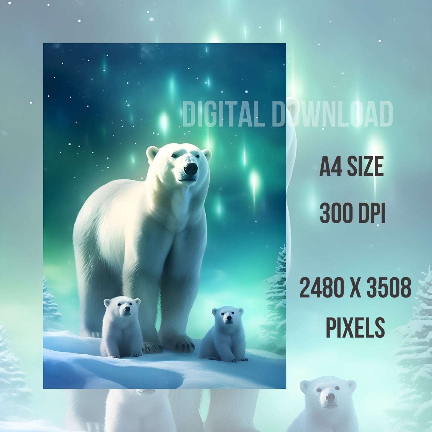 Printable Wall Art landscape, Set White Polar Bear print illustrations, Instant Digital Download, Northern Lights PNG Bundle