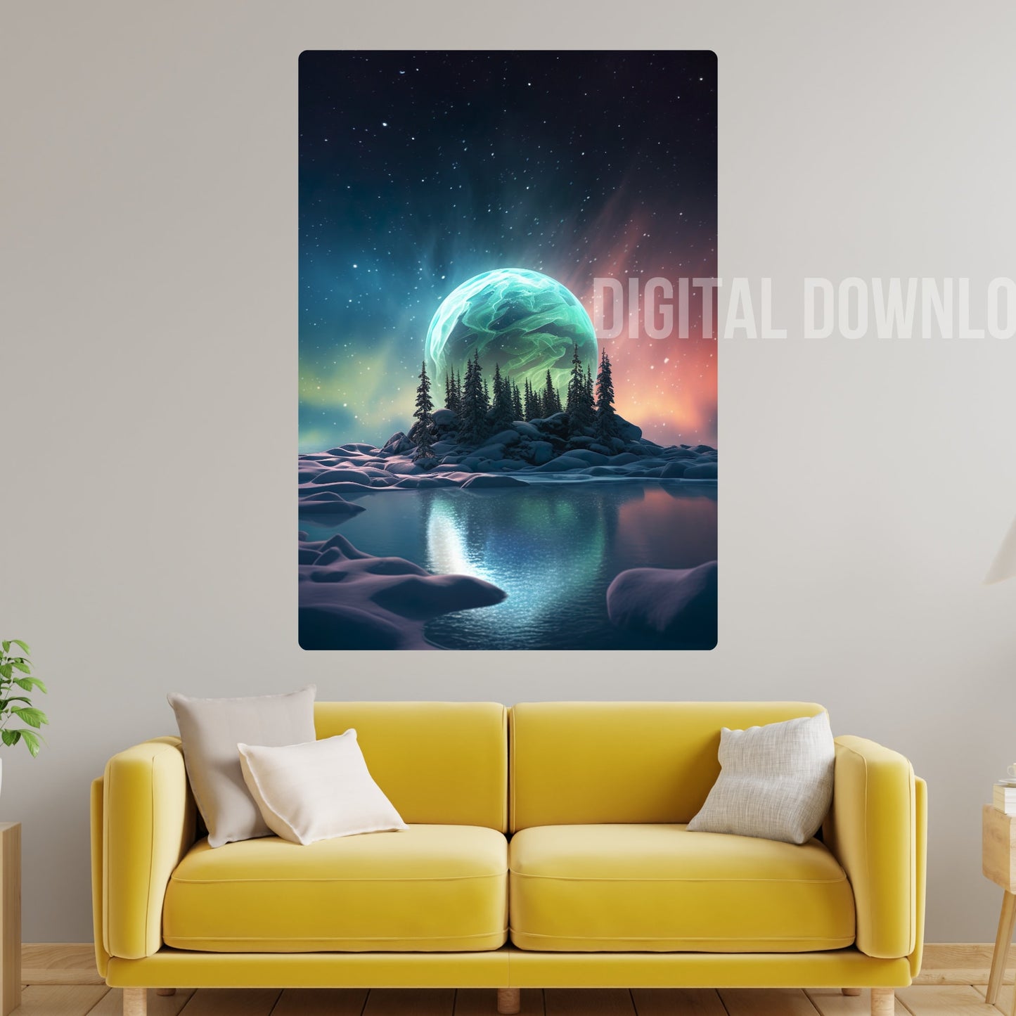 Printable Wall Art landscape, Set White Polar Bear print illustrations, Instant Digital Download, Northern Lights PNG Bundle