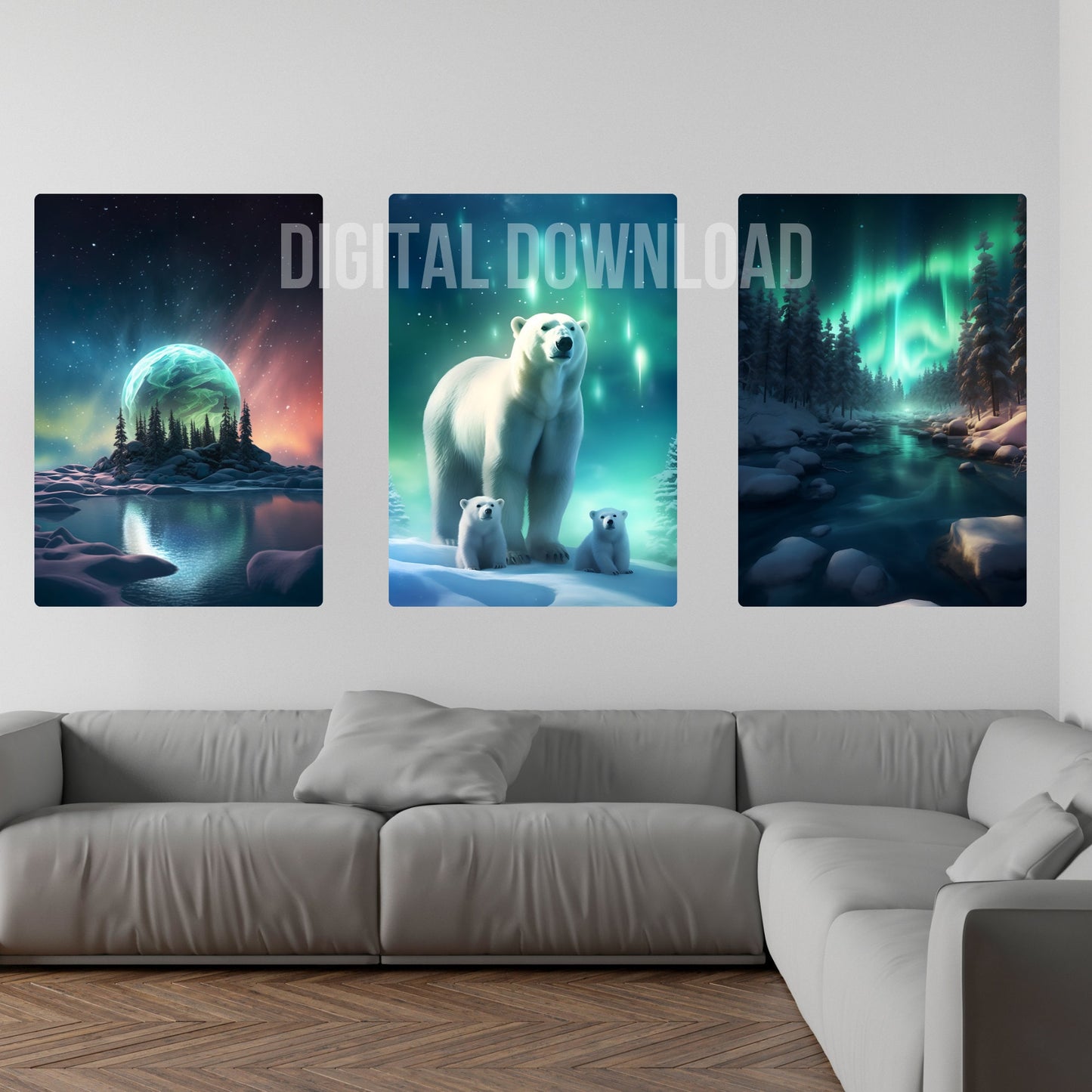 Printable Wall Art landscape, Set White Polar Bear print illustrations, Instant Digital Download, Northern Lights PNG Bundle