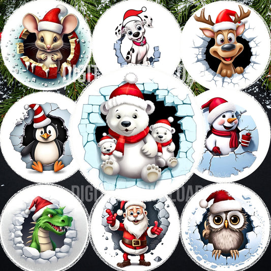 Bundle 3D Christmas Break Through Ornament Sublimation PNG, Instant Digital Download, Christmas Round Ornament PNG Bundle