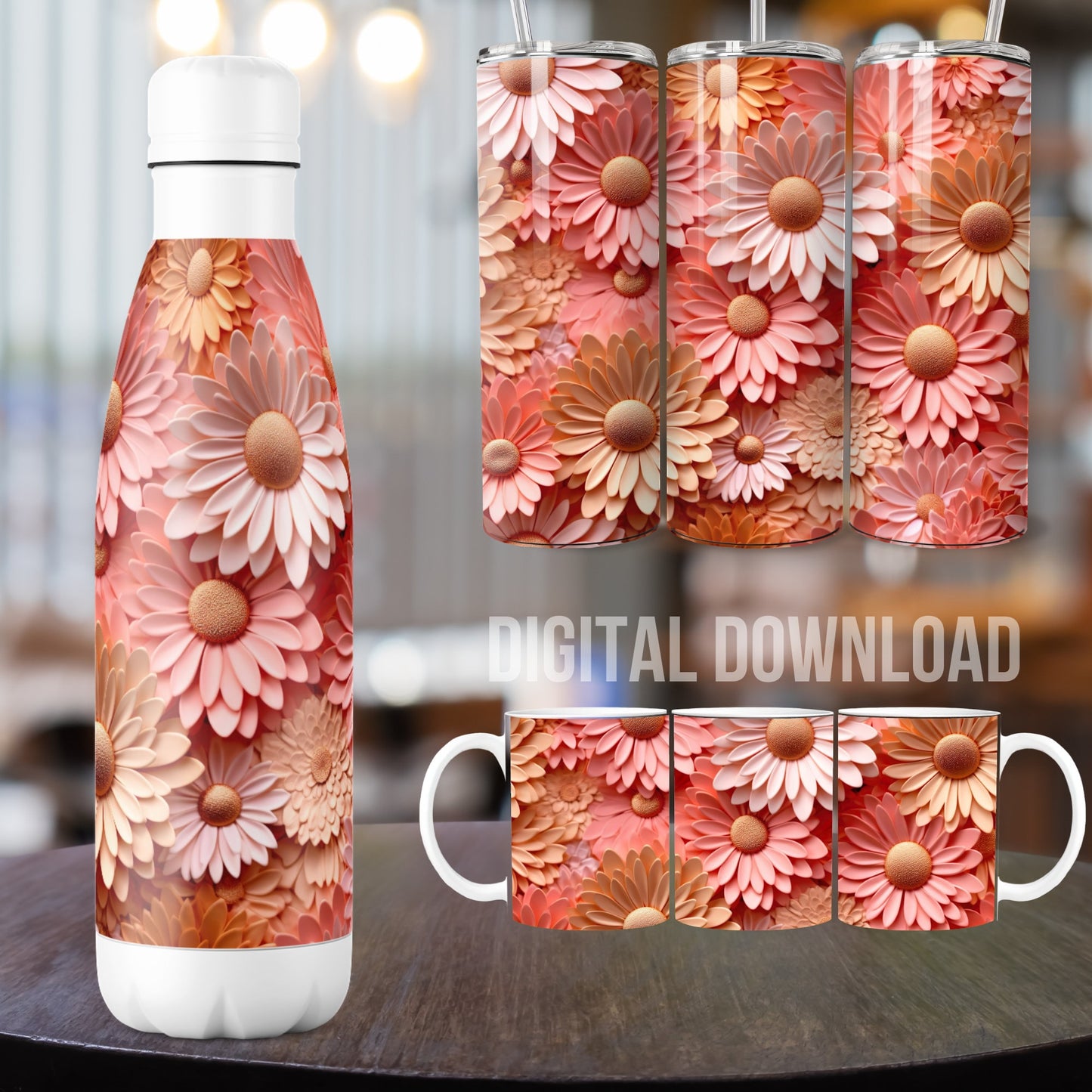 3D Rose Gold Daisies Flower Tumbler Mug Bottle Wrap Sublimation Design, 3D Floral  Pattern Instant Digital Download PNG