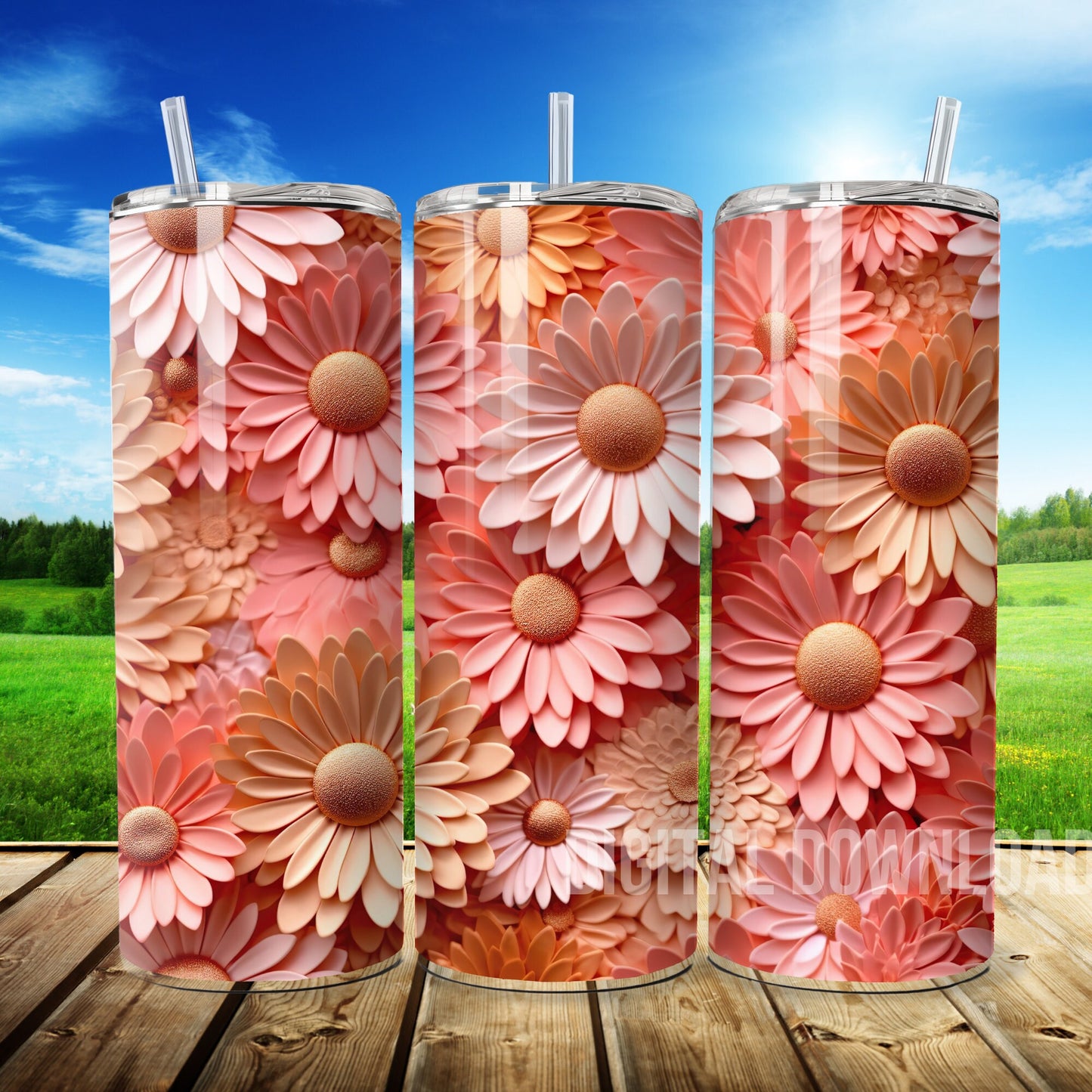 3D Rose Gold Daisies Flower Tumbler Mug Bottle Wrap Sublimation Design, 3D Floral  Pattern Instant Digital Download PNG