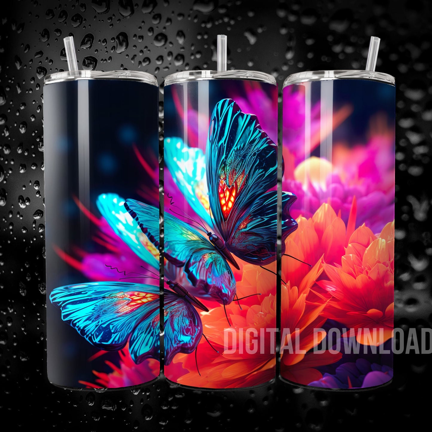 Neon Butterfly Tumbler Mug Cup Wrap Digital Download Sublimation Butterflies PNG file