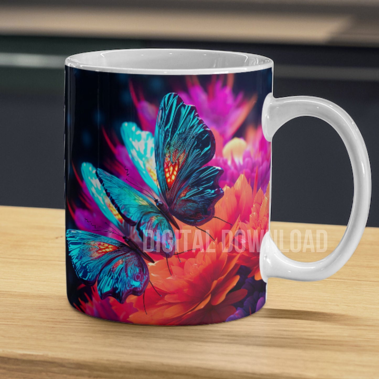 Neon Butterfly Tumbler Mug Cup Wrap Digital Download Sublimation Butterflies PNG file