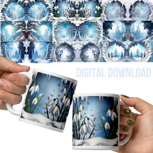 Mug Wrap 11 oz Winter Breakthrough Snow Snowdrops Butterflies Hole Forest design Bundle 3D Sublimation PNG Instant Digital Download