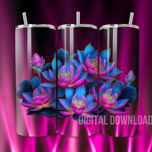 Seamless Neon Lotus Flower 3D Tumbler Wrap Sublimation Design Florals Summer Skinny 20 oz Digital File