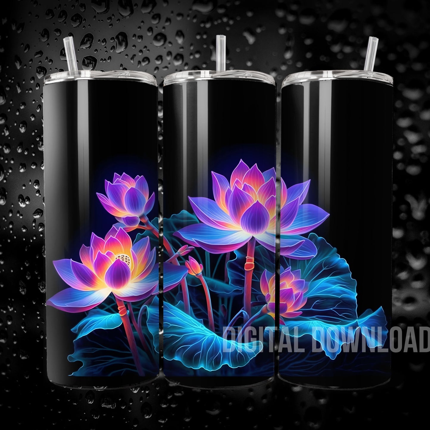 Seamless Neon Lotus Flower 3D Tumbler Wrap Sublimation Design Florals Summer Skinny 20 oz Digital File