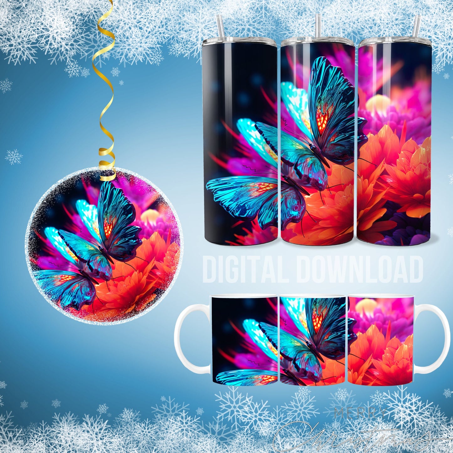 Neon Butterfly Tumbler Mug Cup Wrap Digital Download Sublimation Butterflies PNG file