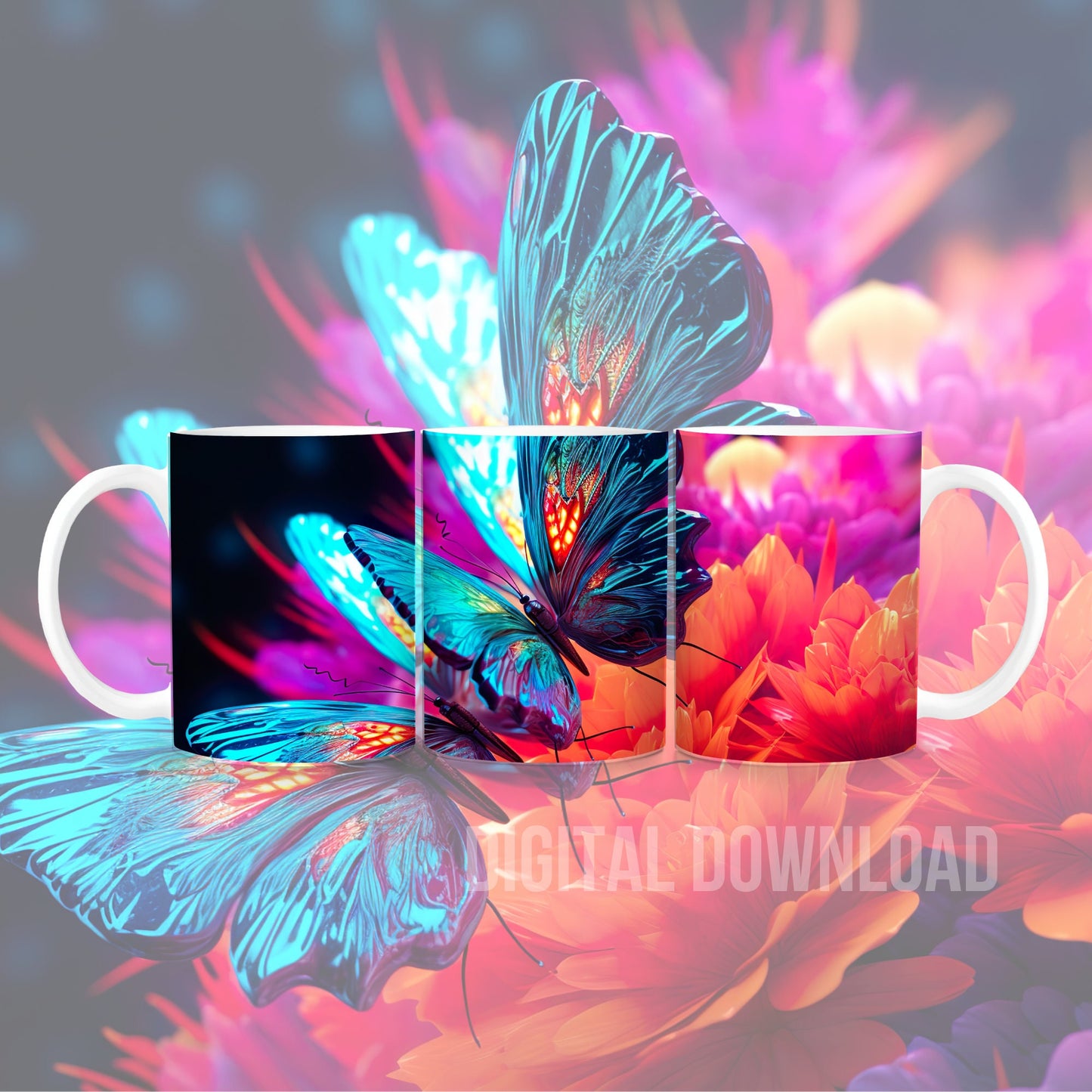 Neon Butterfly Tumbler Mug Cup Wrap Digital Download Sublimation Butterflies PNG file