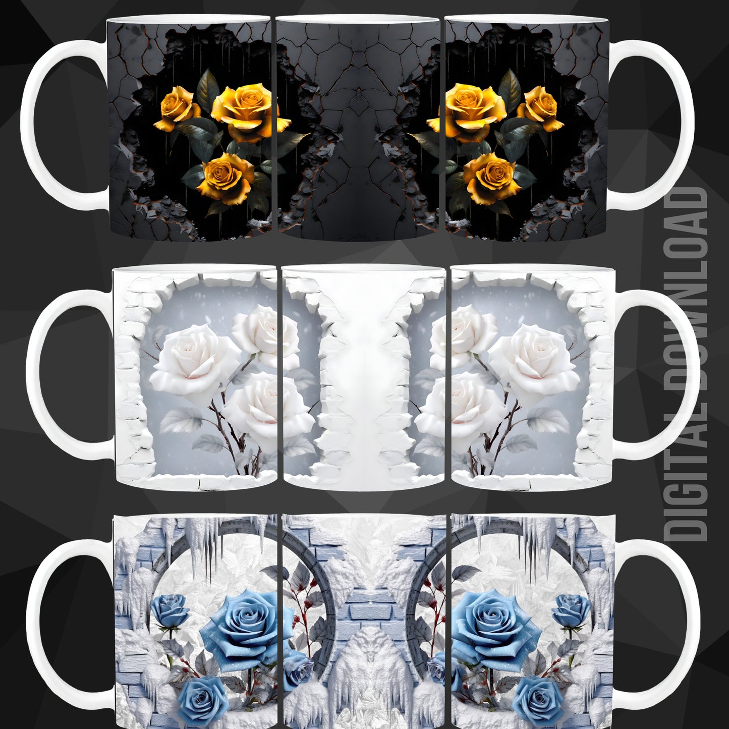 Mug Wrap 11oz Bundle Roses 3D Design Digital Download File Sublimation PNG