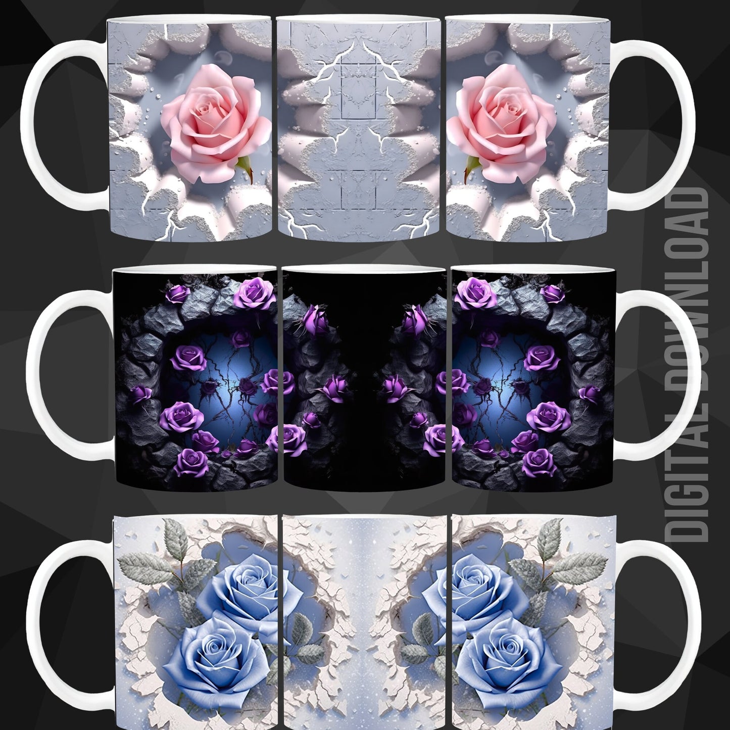 Mug Wrap 11oz Bundle Roses 3D Design Digital Download File Sublimation PNG