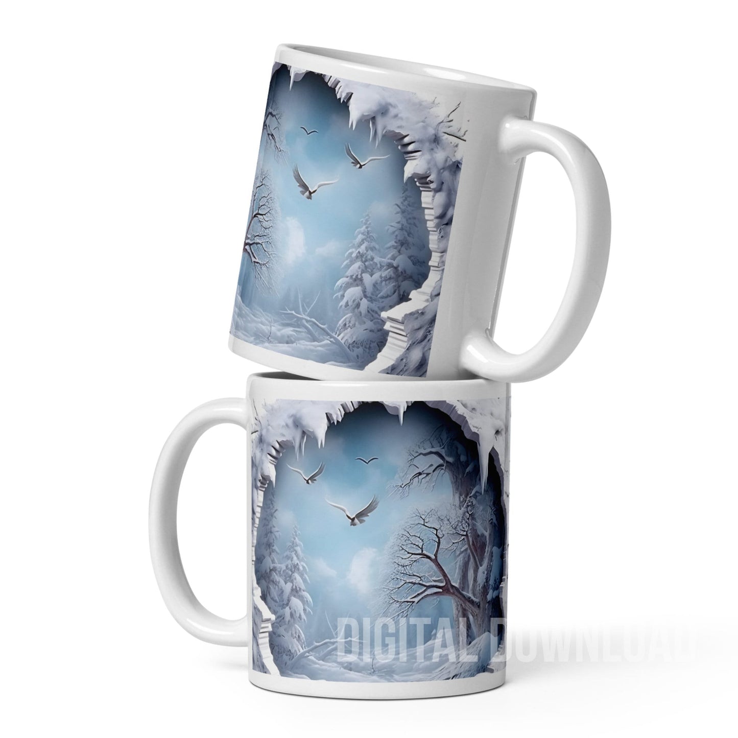 Mug Wrap 11 oz Winter Breakthrough Snow Snowdrops Butterflies Hole Forest design Bundle 3D Sublimation PNG Instant Digital Download