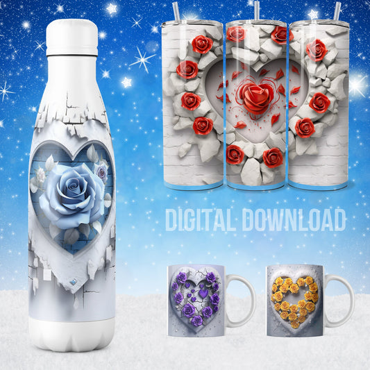 Roses Love Heart Bundle Download Digital Sublimation PNG file Tumbler Wrap Mug Valentines Day design