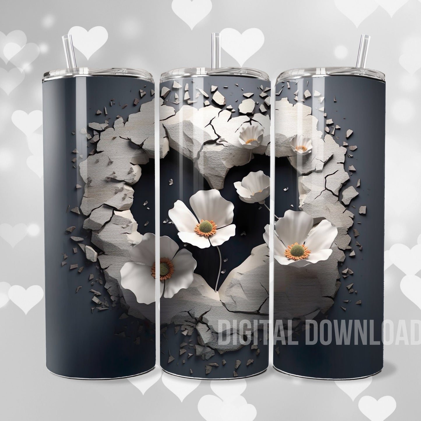 White Poppy Heart Bundle 3D Digital Download Sublimation PNG file Flower Poppies Tumbler Mug Wrap Valentines Day design