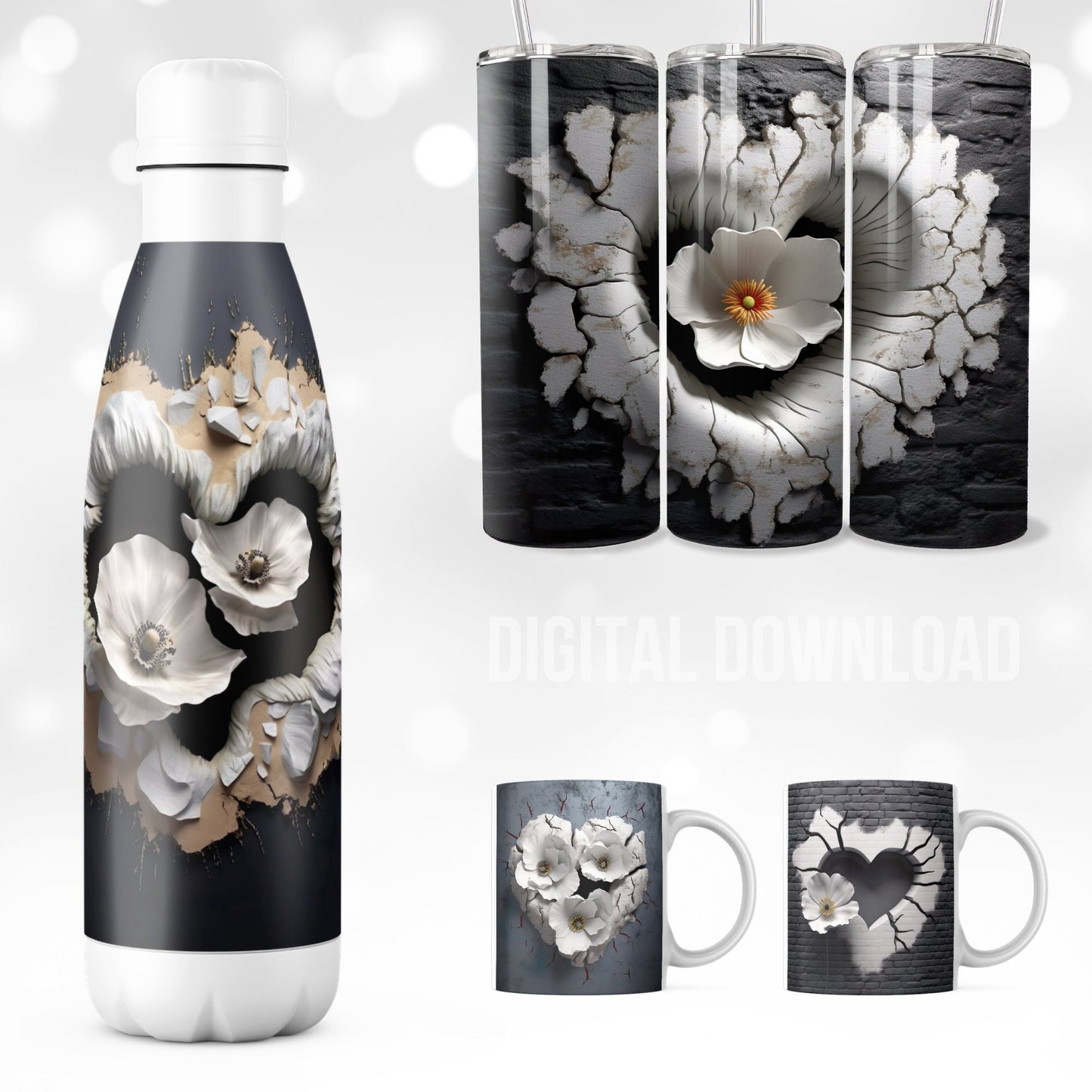 White Poppy Heart Bundle 3D Digital Download Sublimation PNG file Flower Poppies Tumbler Mug Wrap Valentines Day design