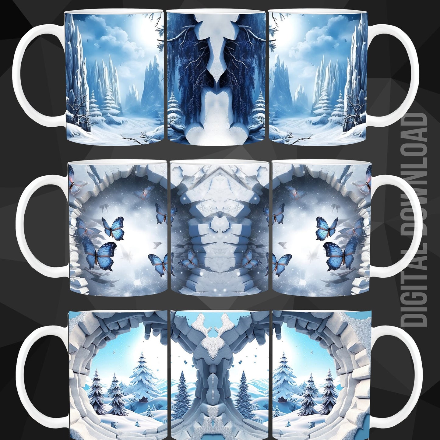 Mug Wrap 11 oz Winter Breakthrough Snow Snowdrops Butterflies Hole Forest design Bundle 3D Sublimation PNG Instant Digital Download