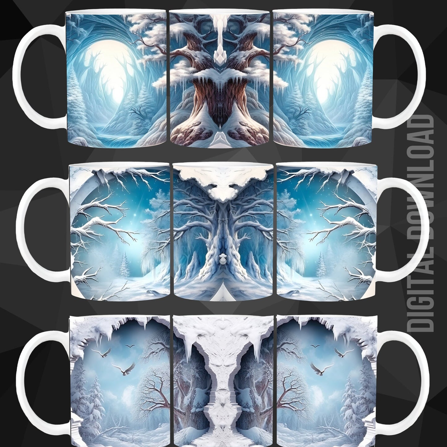 Mug Wrap 11 oz Winter Breakthrough Snow Snowdrops Butterflies Hole Forest design Bundle 3D Sublimation PNG Instant Digital Download