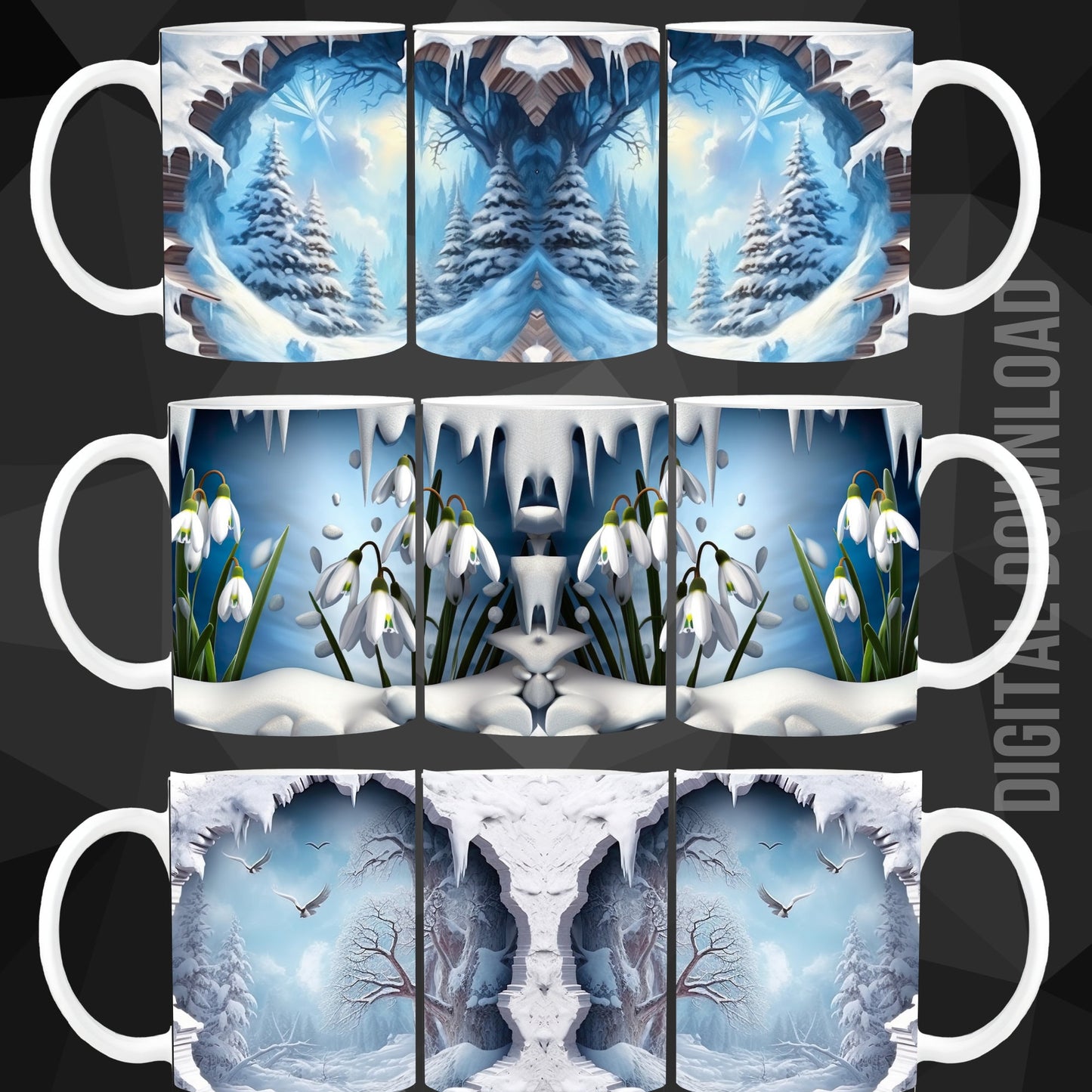 Mug Wrap 11 oz Winter Breakthrough Snow Snowdrops Butterflies Hole Forest design Bundle 3D Sublimation PNG Instant Digital Download