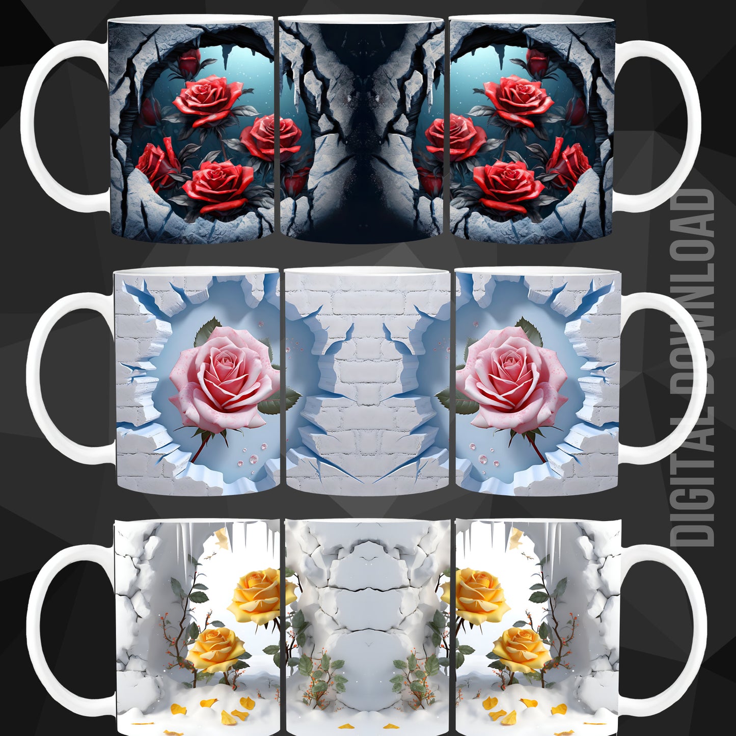 Mug Wrap 11oz Bundle Roses 3D Design Digital Download File Sublimation PNG