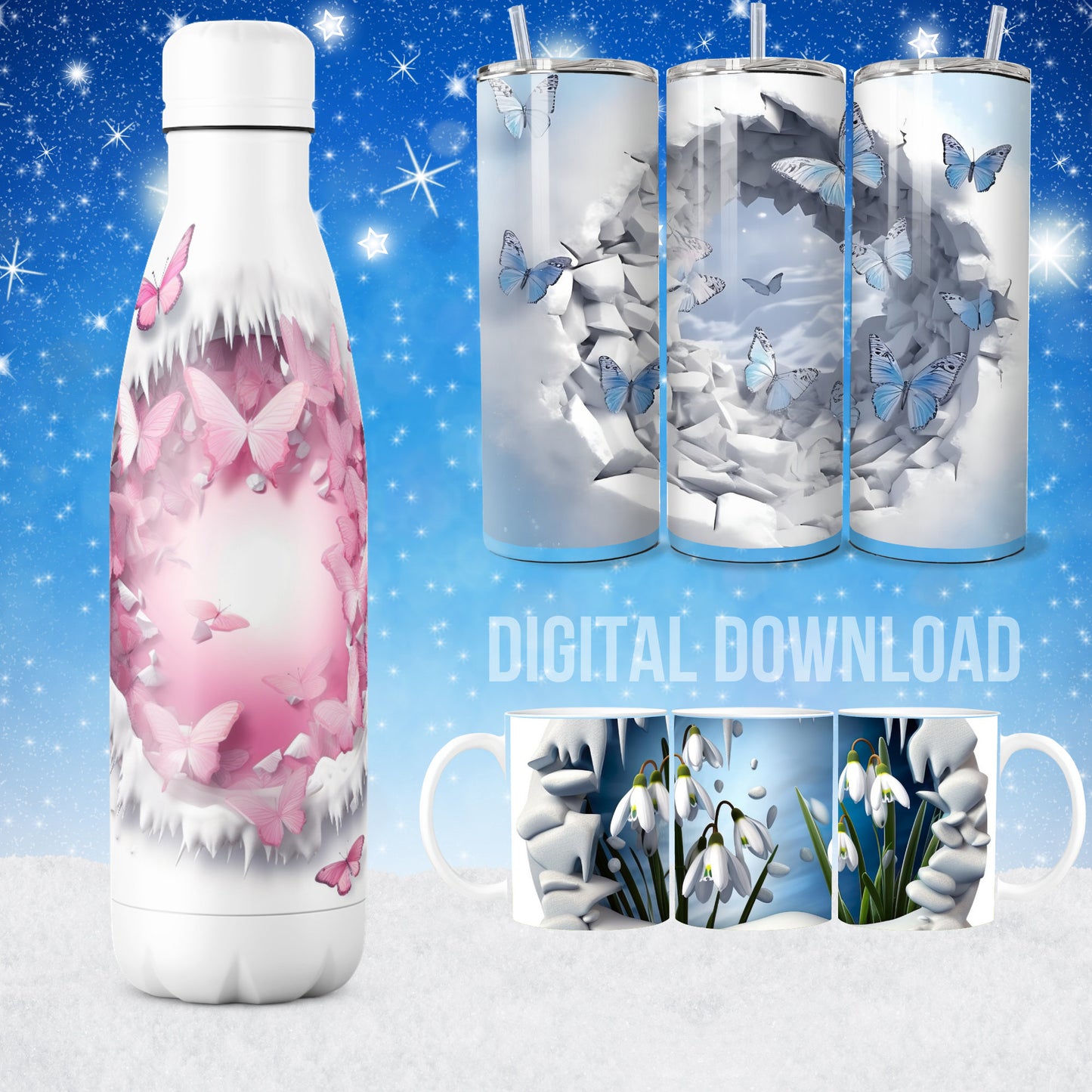 Butterfly Winter Bundle 3D Tumbler Mug Cup Cover Wrap Sublimation PNG Instant Digital Download