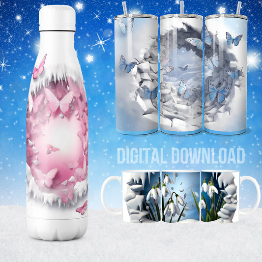 Butterfly Winter Bundle 3D Tumbler Mug Cup Cover Wrap Sublimation PNG Instant Digital Download