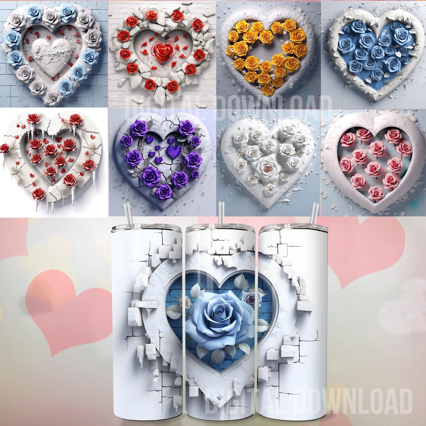 Roses Love Heart Bundle Download Digital Sublimation PNG file Tumbler Wrap Mug Valentines Day design