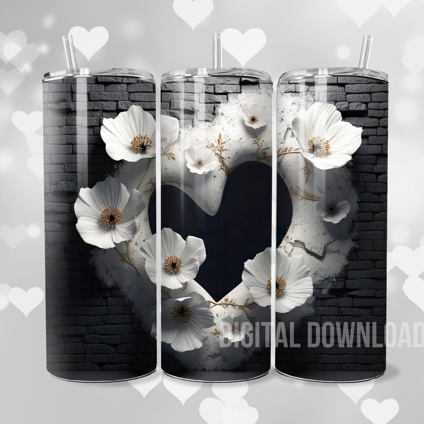 White Poppy Heart Bundle 3D Digital Download Sublimation PNG file Flower Poppies Tumbler Mug Wrap Valentines Day design