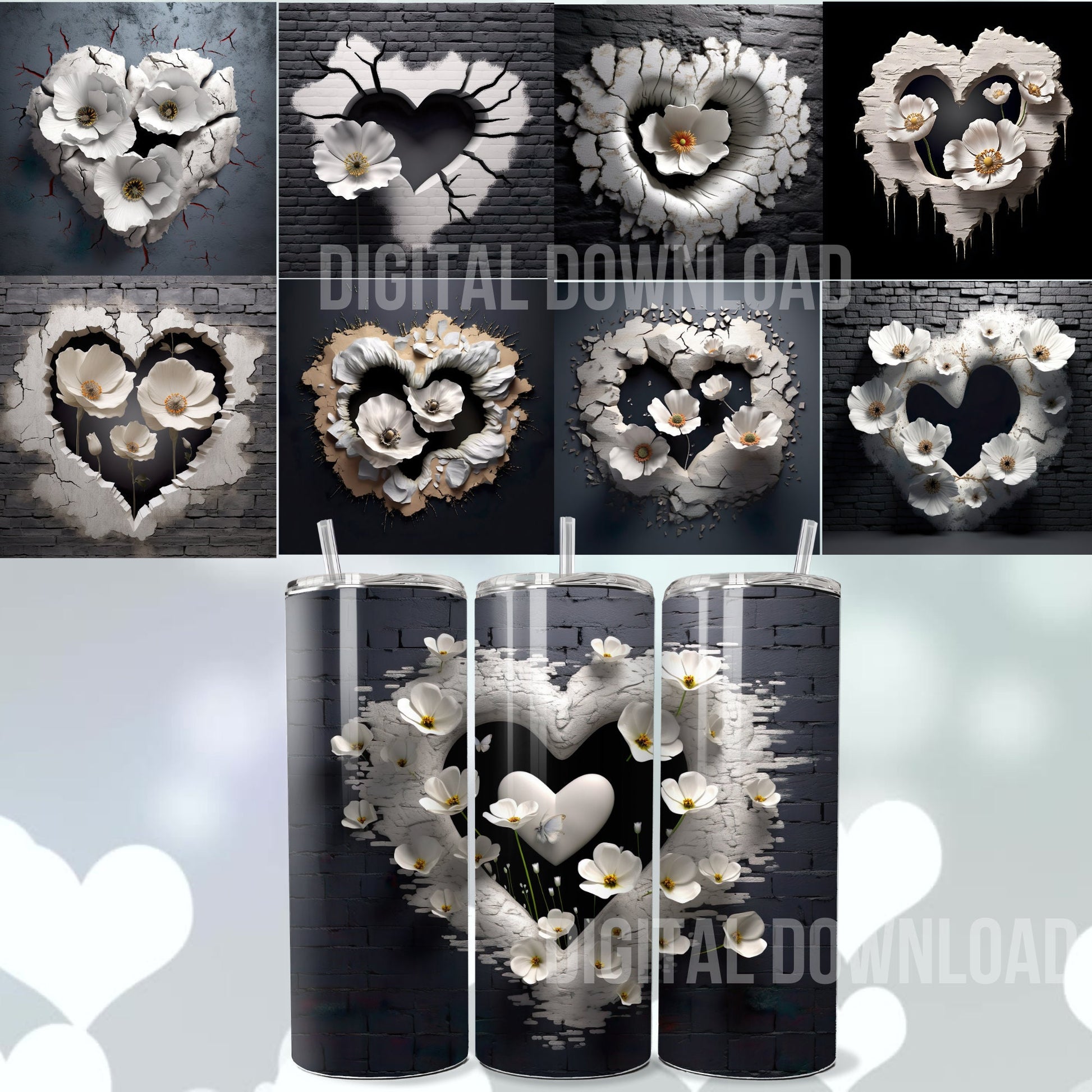 Bundle White Poppies Love Heart Download Digital Sublimation PNG file, White Flower Love Heart 3D Tumbler Mug Wrap, Valentines Day design